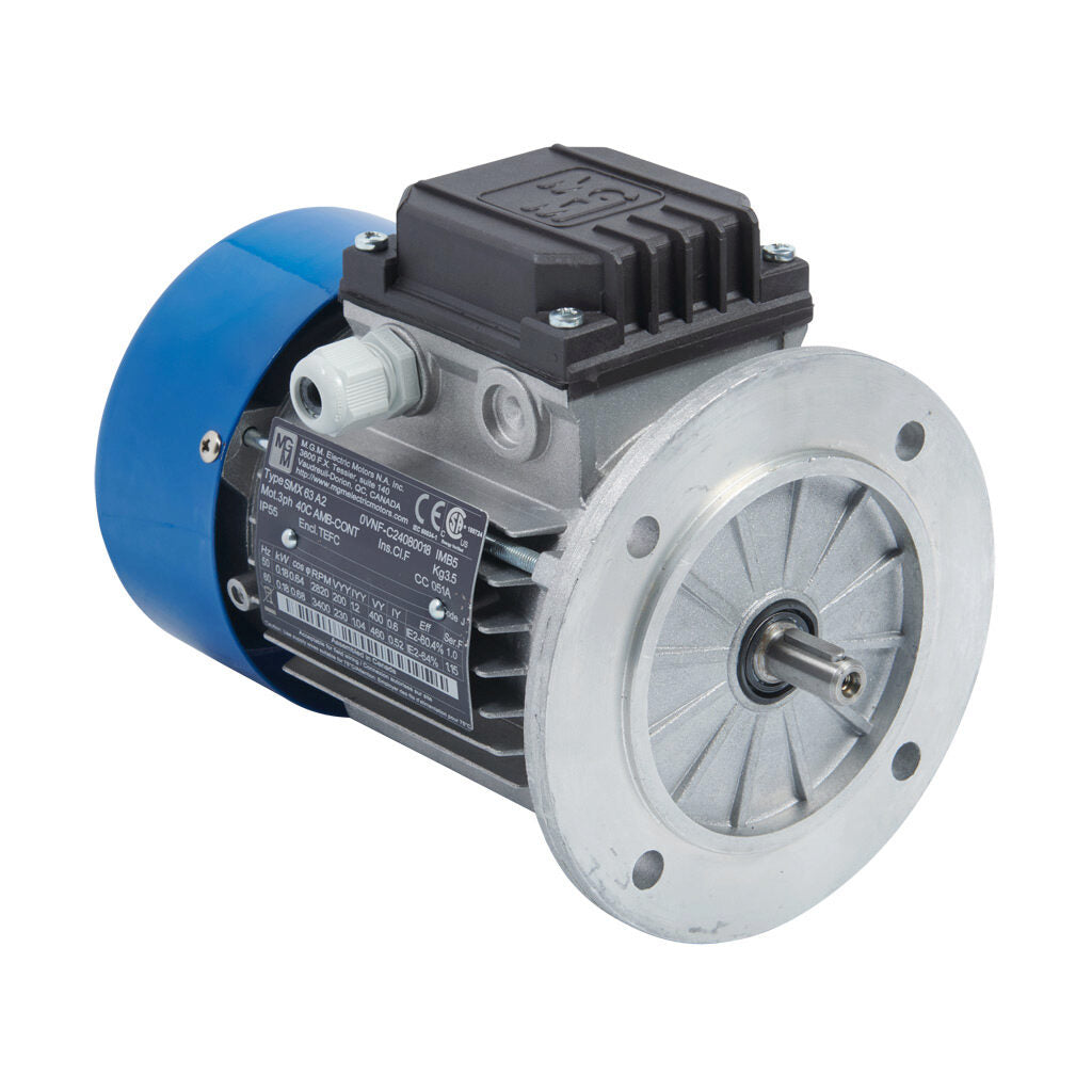 M.G.M. Electric Motors SMX IE2 high efficiency AC induction motor, general purpose and inverter rated, 1/2hp, 3-phase, 230/460 VAC, 1800rpm, TEFC, IEC 71 frame, aluminum, D-flange (B5) mount.