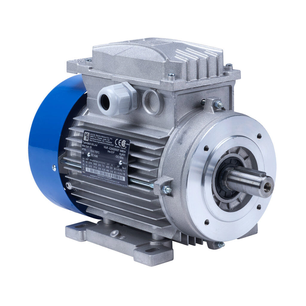 M.G.M. Electric Motors SMX IE3 premium efficiency AC induction motor, general purpose and inverter rated, 2hp, 3-phase, 230/460 VAC, 1800rpm, TEFC, IEC 90 frame, aluminum, C-face/removable rigid base (B34) mount.