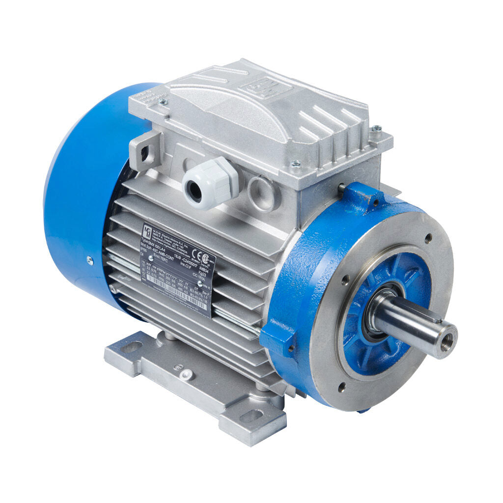 M.G.M. Electric Motors SMX IE3 premium efficiency AC induction motor, general purpose and inverter rated, 3hp, 3-phase, 230/460 VAC, 1800rpm, TEFC, IEC 100 frame, aluminum, C-face/removable rigid base (B34) mount.