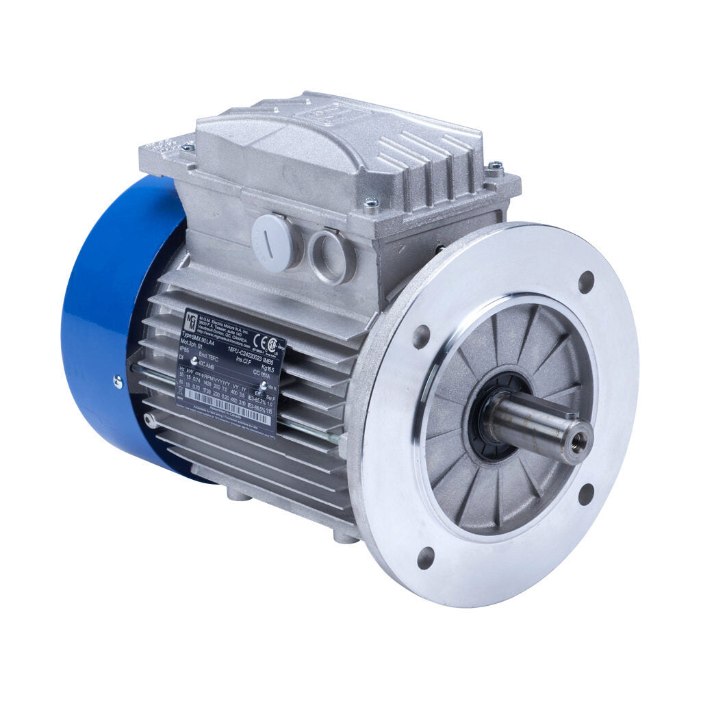 M.G.M. Electric Motors SMX IE3 premium efficiency AC induction motor, general purpose and inverter rated, 2hp, 3-phase, 230/460 VAC, 1800rpm, TEFC, IEC 90 frame, aluminum, D-flange (B5) mount.